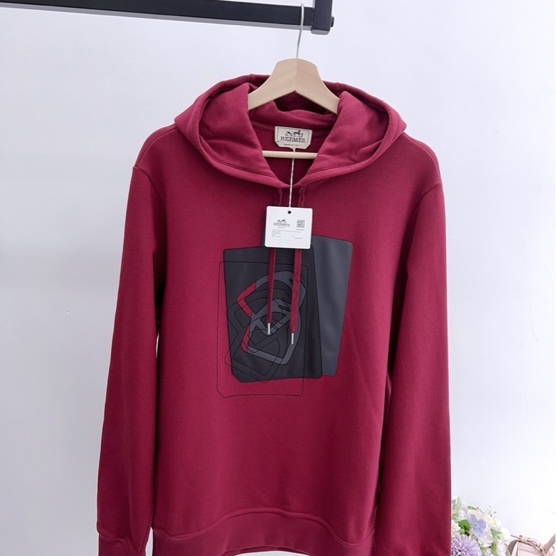 Hermes 衣服 愛馬仕 酒紅色抓絨衛衣 馬鐙拼皮 99新帶吊牌 M碼 胸圍112衣-0