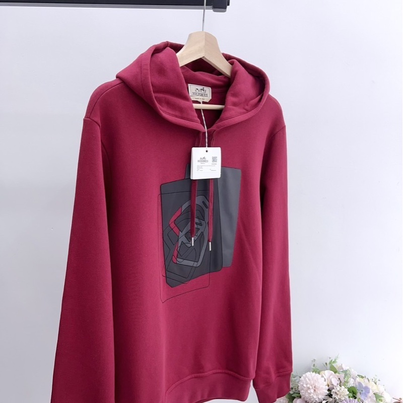 Hermes 衣服 愛馬仕 酒紅色抓絨衛衣 馬鐙拼皮 99新帶吊牌 M碼 胸圍112衣-1