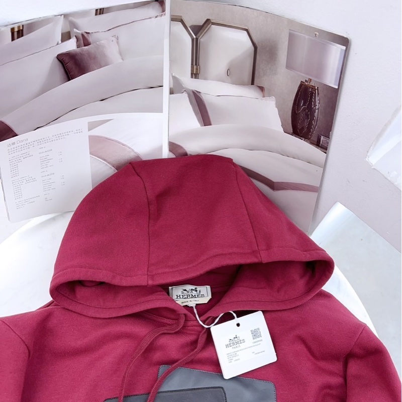 Hermes 衣服 愛馬仕 酒紅色抓絨衛衣 馬鐙拼皮 99新帶吊牌 M碼 胸圍112衣-5