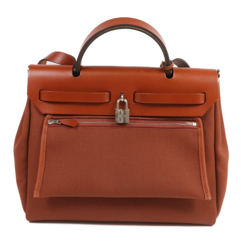 HERMES 帆布Herbag PM銀扣手挽肩背兩用袋Rouge H-1