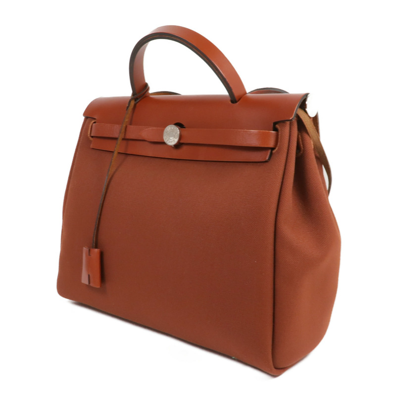 HERMES 帆布Herbag PM銀扣手挽肩背兩用袋Rouge H-2
