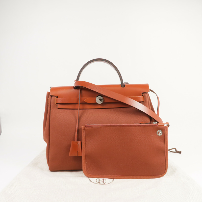 HERMES 帆布Herbag PM銀扣手挽肩背兩用袋Rouge H-9