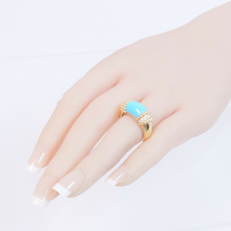 Van Cleef & Arpels 18K黃金Perlée Couleurs Ring綠松石/鑽石戒指VCA#56/US#7.5-7