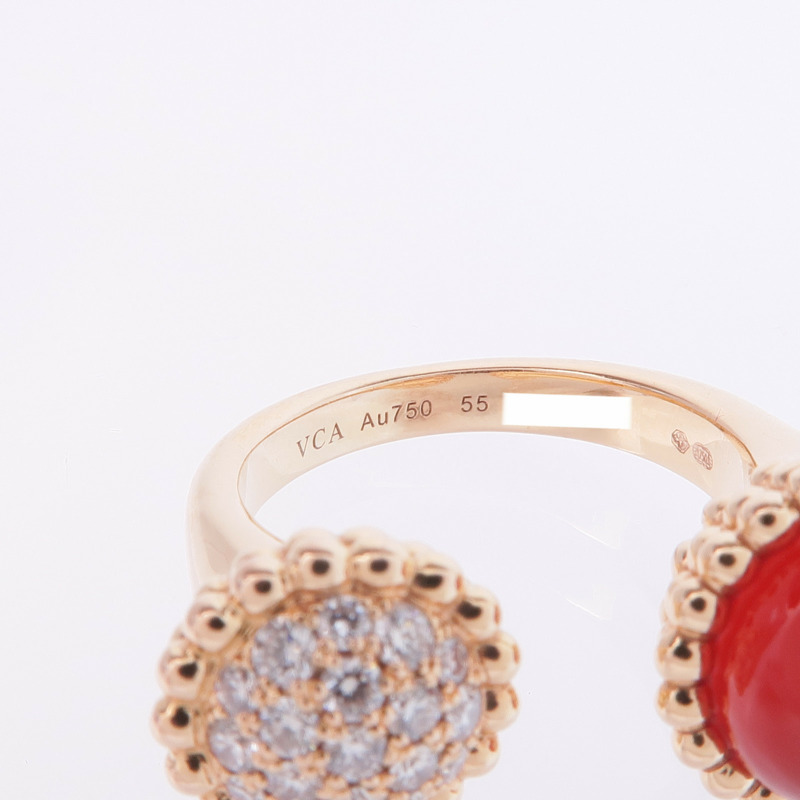 Van Cleef & Arpels 18K玫瑰金Perlée Couleurs Between the Finger Ring紅玉髓/鑽石戒指VCA#55/US#7-4