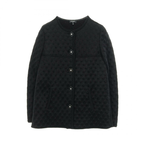 香奈兒 COCO 標誌紐帶絎縫開襟衫 無色外套 P57087K07441 真絲聚酯纖維 黑色 二手 女款