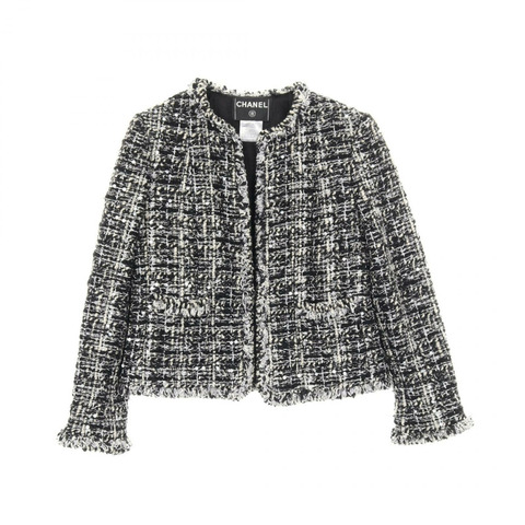 香奈兒 COCO 標誌紐扣斜紋軟呢外套 P22295V13164 尼龍人造絲/馬海毛混紡 黑色 白色 灰色 二手 女款