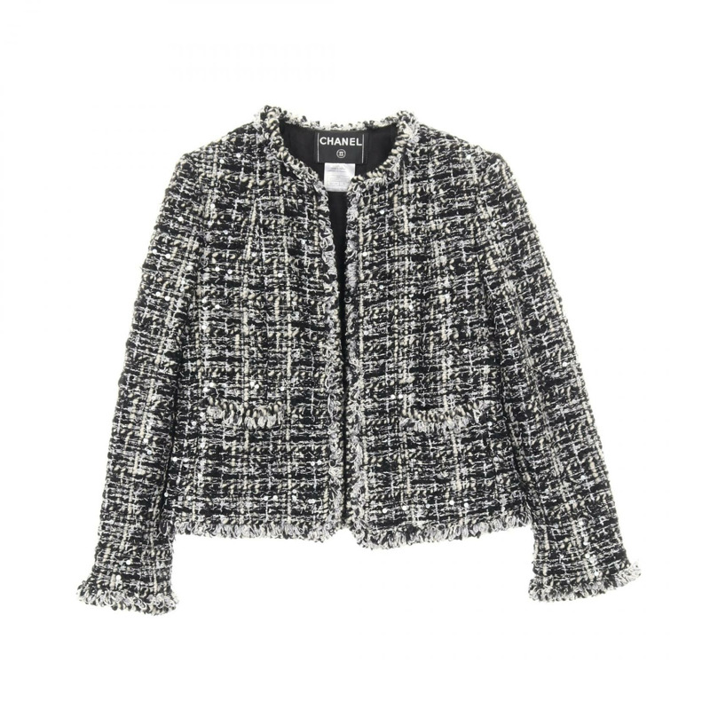 香奈兒 COCO 標誌紐扣斜紋軟呢外套 P22295V13164 尼龍人造絲/馬海毛混紡 黑色 白色 灰色 二手 女款-0