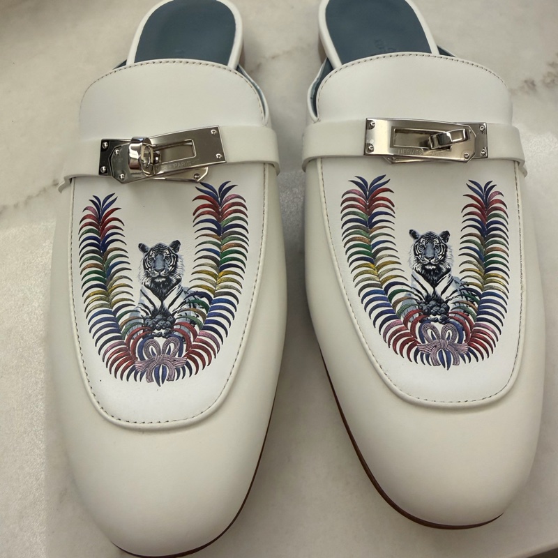 Hermes Oz Mule kelly 白色銀扣 半拖鞋 老虎圖案 穆勒鞋-0