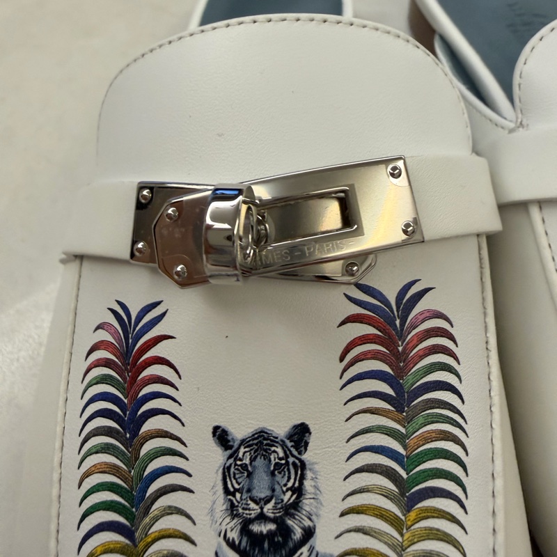 Hermes Oz Mule kelly 白色銀扣 半拖鞋 老虎圖案 穆勒鞋-4