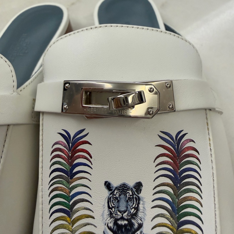 Hermes Oz Mule kelly 白色銀扣 半拖鞋 老虎圖案 穆勒鞋-12