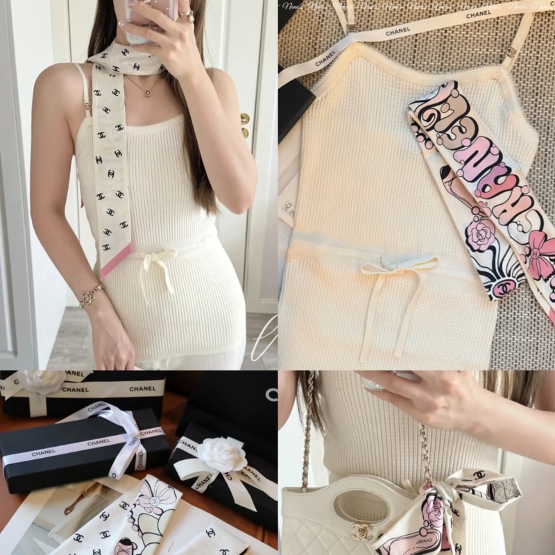 CHANEL 絲巾雙色🎀經典co co字母Twilly 全新有盒🎁-11