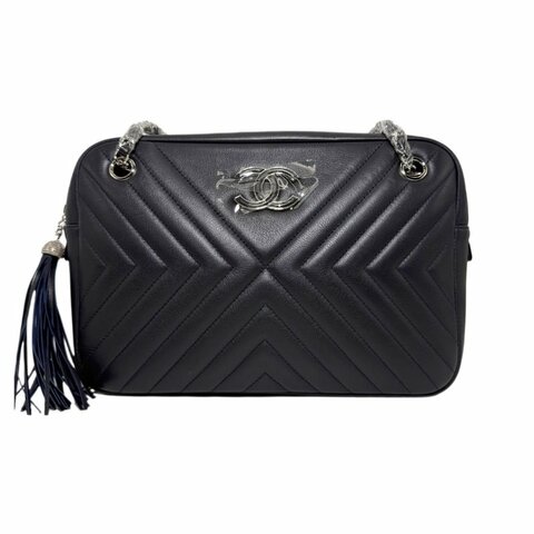 ［2318］香奈兒 Chanel Chevron Camera Bag 深藍色 小牛皮 中號 銀扣