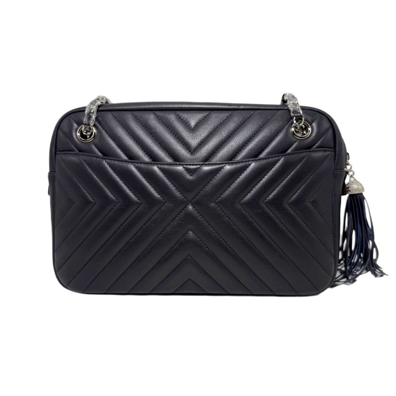 ［2318］香奈兒 Chanel Chevron Camera Bag 深藍色 小牛皮 中號 銀扣-1
