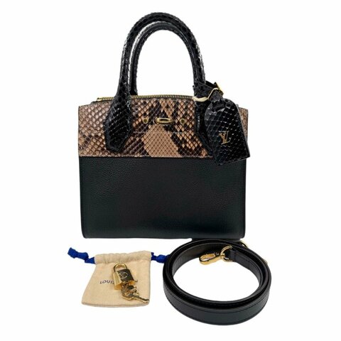 【2056】 路易威登 Louis Vuitton Capucines 黑色（蛇皮&牛皮拼接）手提包 中號 金扣