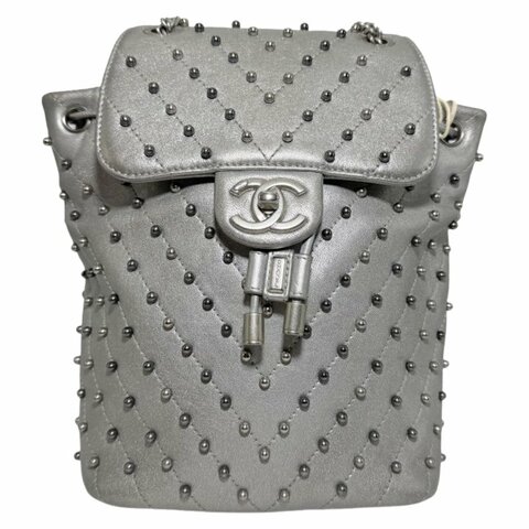 [2312]  香奈兒  Chanel 書包  銀色  羊皮 中號