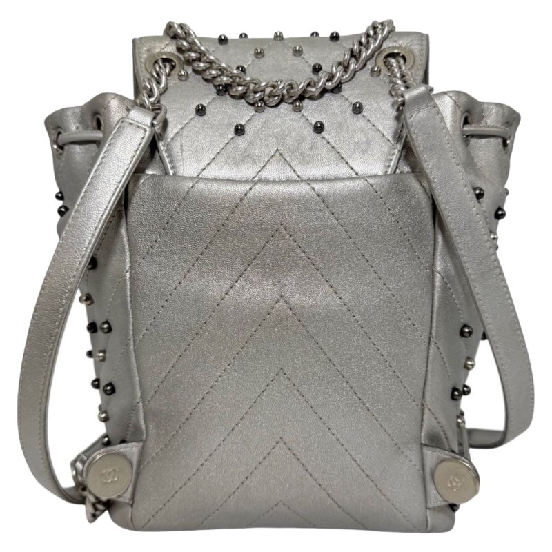 [2312]  香奈兒  Chanel 書包  銀色  羊皮 中號-1