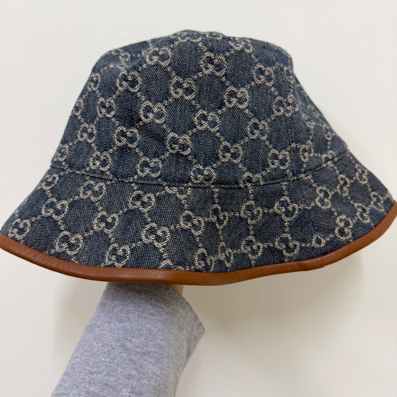 GUCCI 古馳 復古緹花織布造型漁夫帽/遮陽帽(深藍)-1
