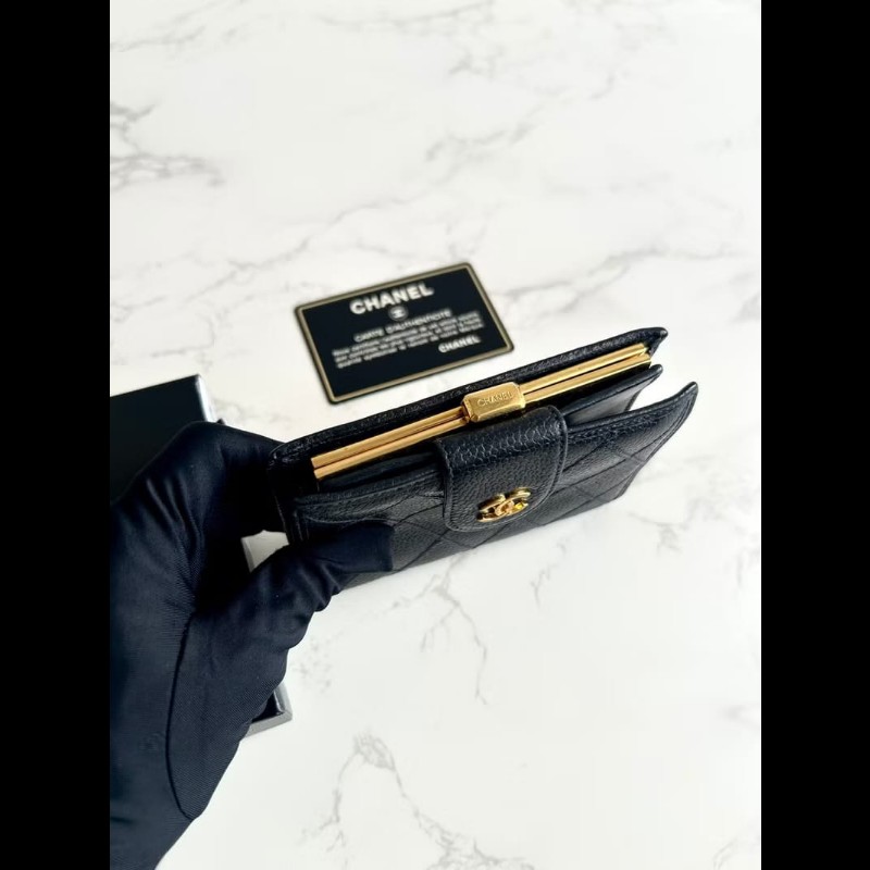 【LA LUNE】中古Chanel黑色魚子醬皮革中夾 皮夾 錢包 短夾 二手包 小包 古董-2