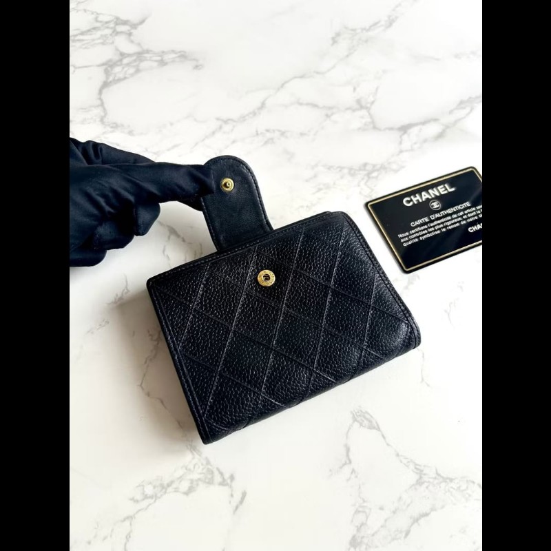 【LA LUNE】中古Chanel黑色魚子醬皮革中夾 皮夾 錢包 短夾 二手包 小包 古董-3