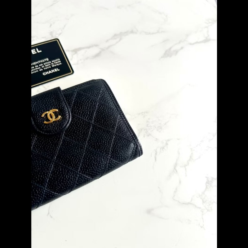 【LA LUNE】中古Chanel黑色魚子醬皮革中夾 皮夾 錢包 短夾 二手包 小包 古董-6