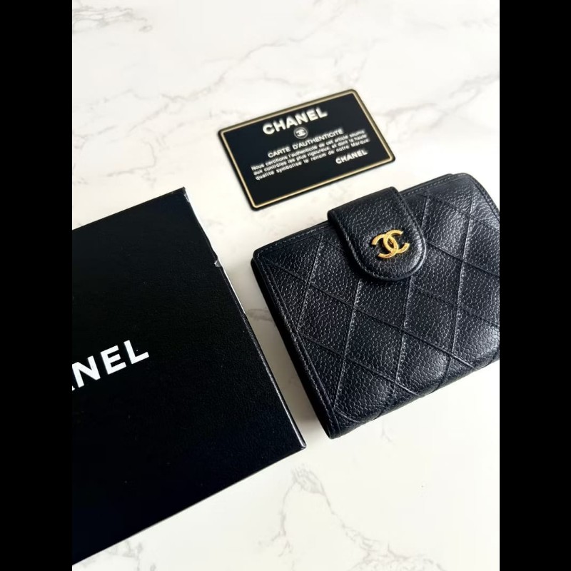 【LA LUNE】中古Chanel黑色魚子醬皮革中夾 皮夾 錢包 短夾 二手包 小包 古董-7