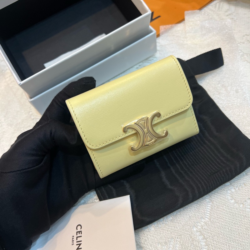 CELINE 凱旋門 大骨頭 短財 錢包 卡包 小雞黃-1