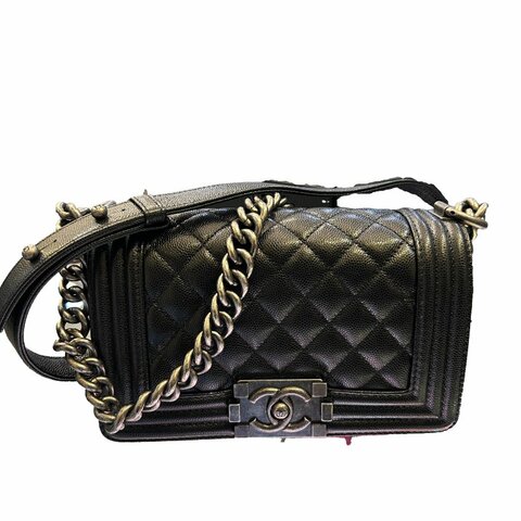 CHANEL黑色荔枝皮銀扣ＢＯＹ兩用包