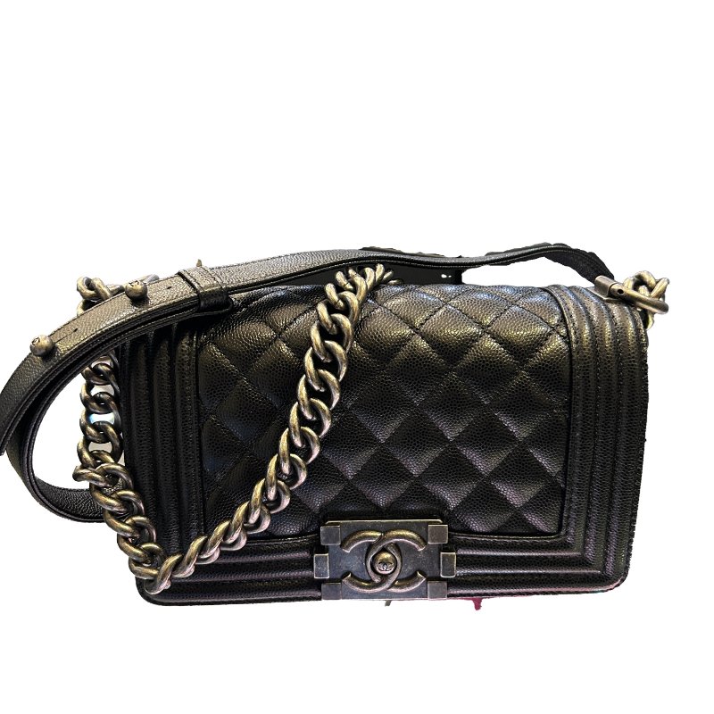 CHANEL黑色荔枝皮銀扣BOY兩用包-0