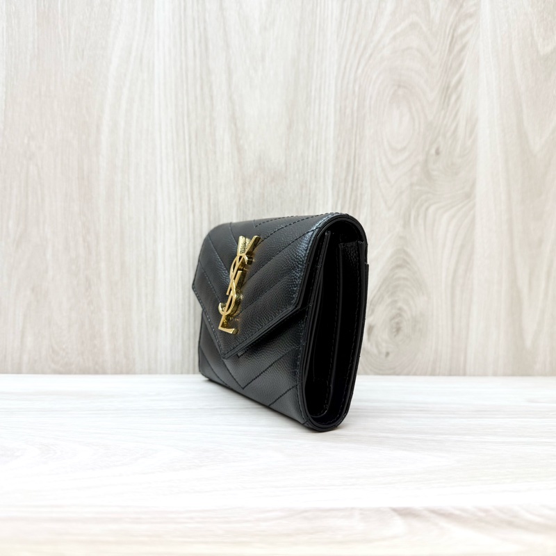 YSL黑金粒紋牛皮三折短夾403943-2