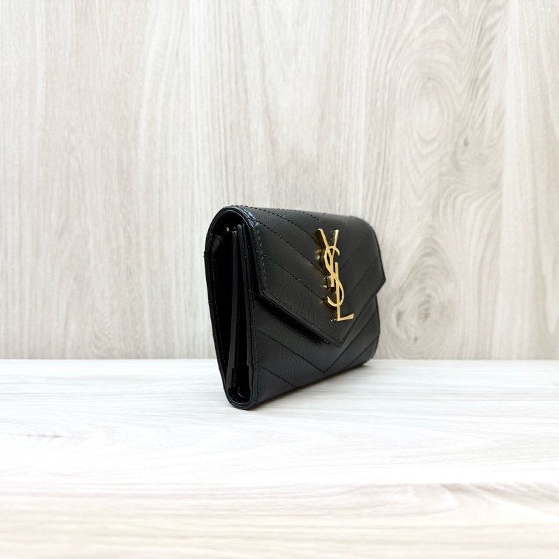 YSL黑金粒紋牛皮三折短夾403943-3