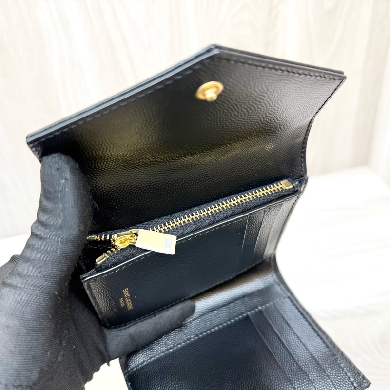 YSL黑金粒紋牛皮三折短夾403943-7