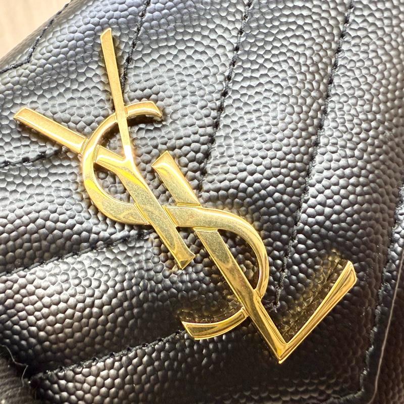 YSL黑金粒紋牛皮三折短夾403943-11