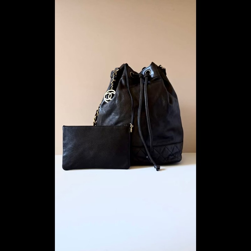 【LA LUNE】絕版中古包 Chanel古董黑色水桶包 側背包 單肩包 皮革包 二手包-0