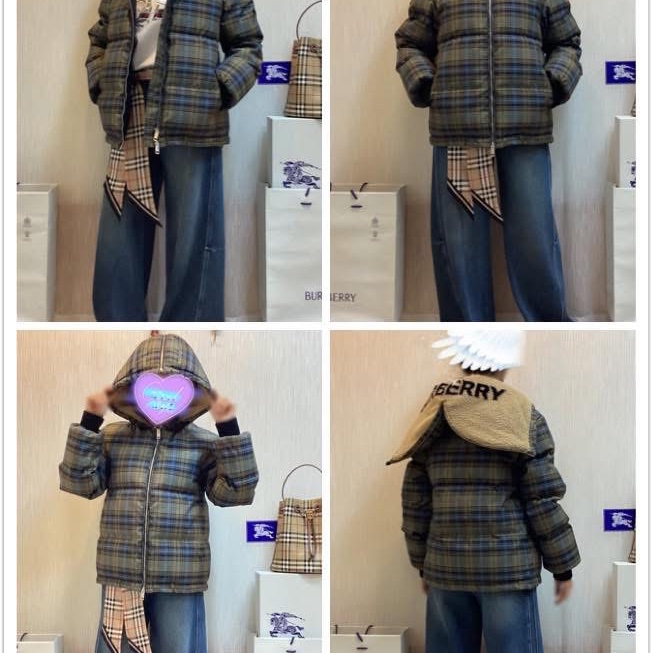 BURBERRY英國藍綠格紋連帽鵝絨外套S-0