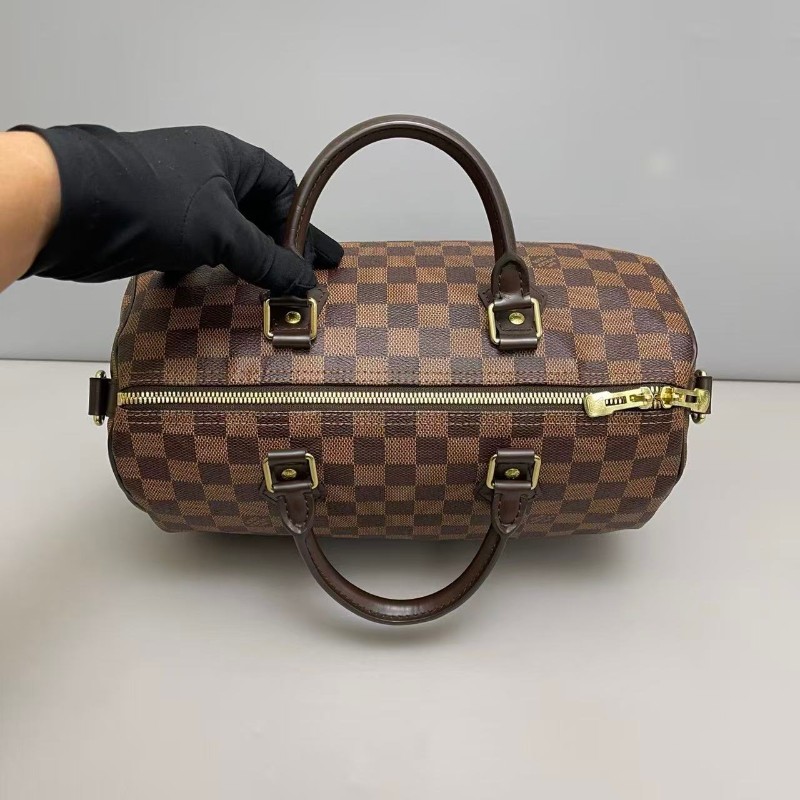 LV路易威登棕棋盤格Speedy30肩帶款枕頭包-6