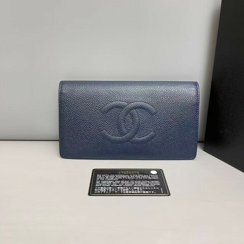 Chanel 深藍色牛皮荔枝紋雙C長款銀包 長夾
