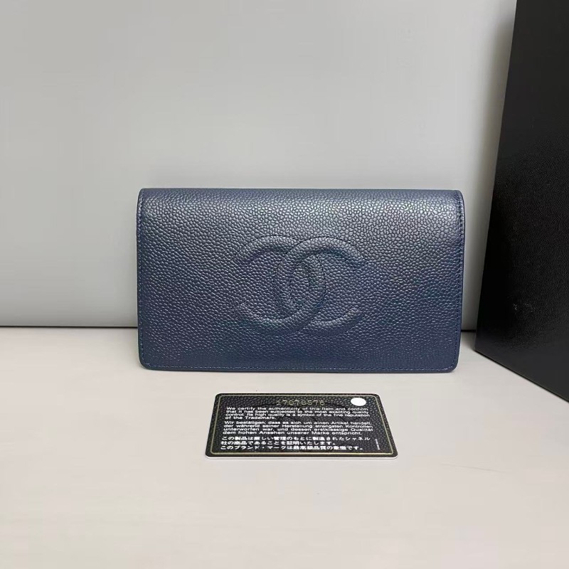Chanel 深藍色牛皮荔枝紋雙C長款銀包 長夾-0