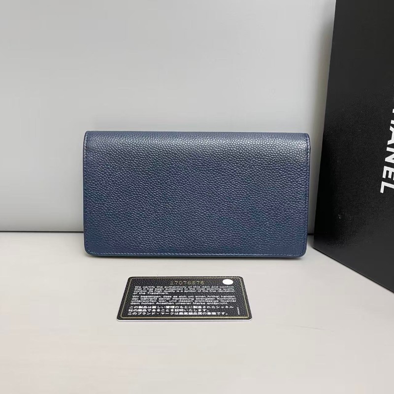 Chanel 深藍色牛皮荔枝紋雙C長款銀包 長夾-1