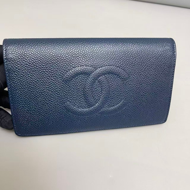 Chanel 深藍色牛皮荔枝紋雙C長款銀包 長夾-6