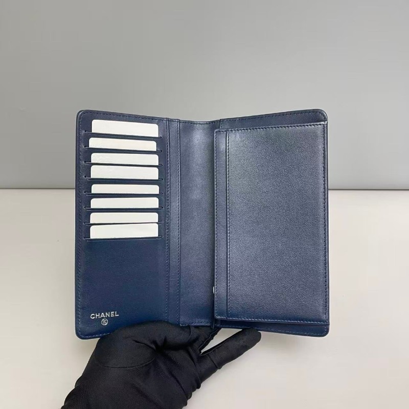 Chanel 深藍色牛皮荔枝紋雙C長款銀包 長夾-7