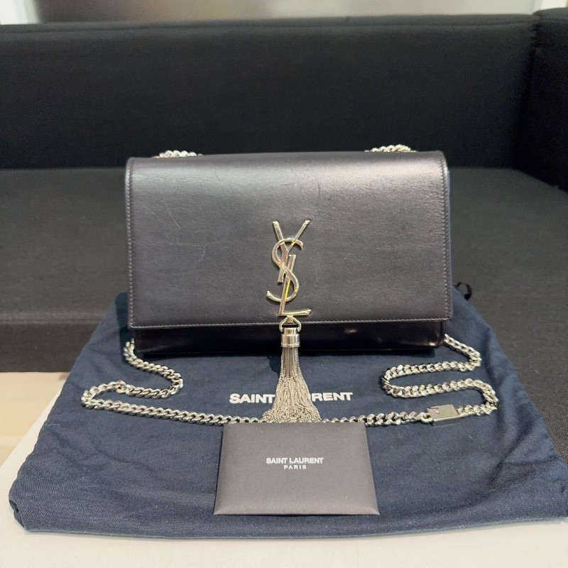 YSL kate流蘇光面牛皮黑銀鏈條包 經典logo裝飾-0