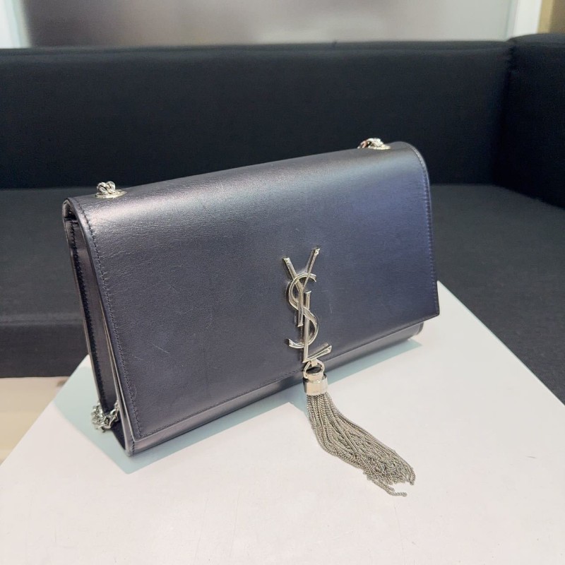 YSL kate流蘇光面牛皮黑銀鏈條包 經典logo裝飾-1
