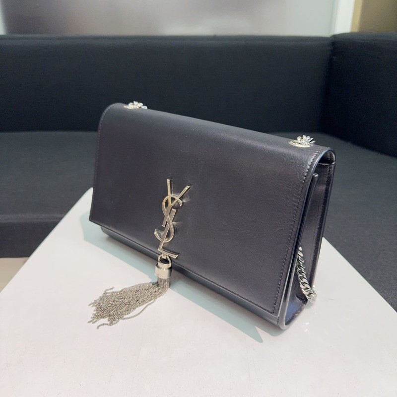 YSL kate流蘇光面牛皮黑銀鏈條包 經典logo裝飾-2
