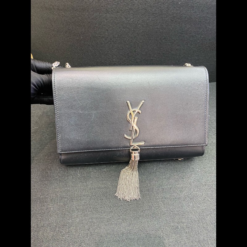 YSL kate流蘇光面牛皮黑銀鏈條包 經典logo裝飾-6