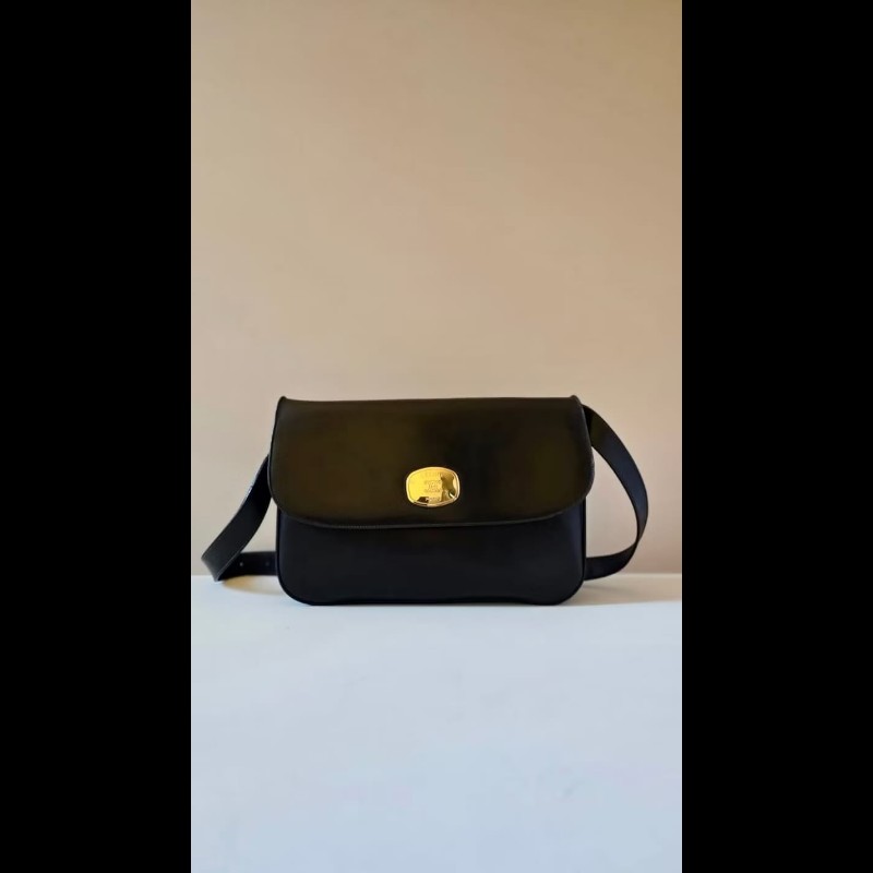 【LA LUNE】絕版古董包 Celine 黑金色側背包 斜背包 皮革包 單肩包 中古包-1