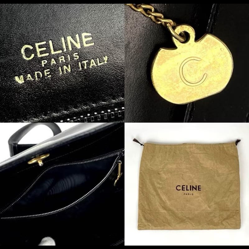 【LA LUNE】絕版古董包 Celine 黑金色側背包 斜背包 皮革包 單肩包 中古包-6