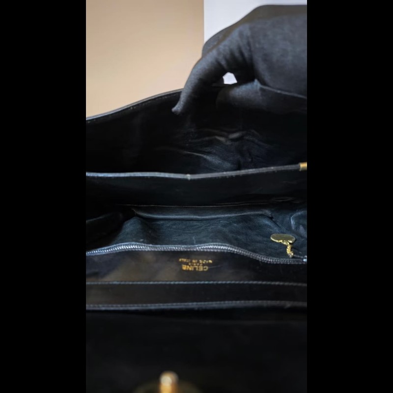 【LA LUNE】絕版古董包 Celine 黑金色側背包 斜背包 皮革包 單肩包 中古包-8