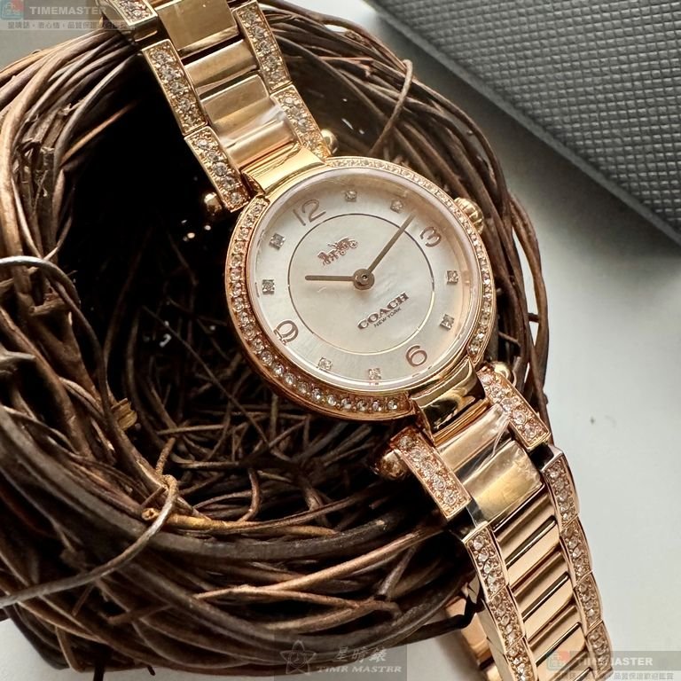COACH手錶,編號CH00250,26mm玫瑰金圓形精鋼錶殼,白色簡約, 中二針顯示錶面,玫瑰金色精鋼錶帶款-1
