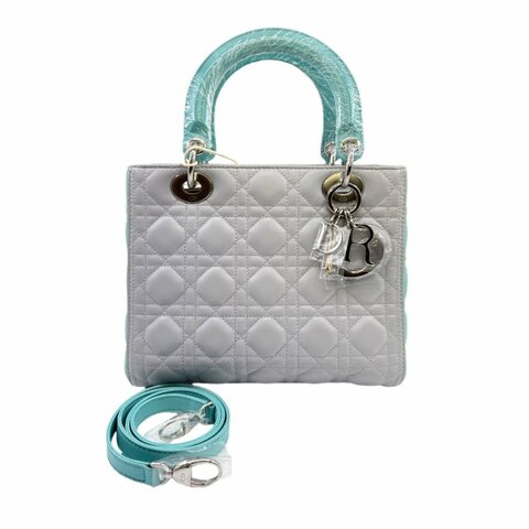 【1930】迪奧 Dior lady 藍灰色 手提包 中號 小羊皮 銀扣