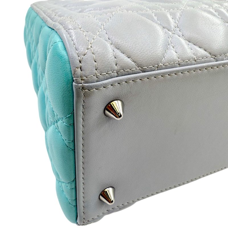 【1930】迪奧 Dior lady 藍灰色 手提包 中號 小羊皮 銀扣-6